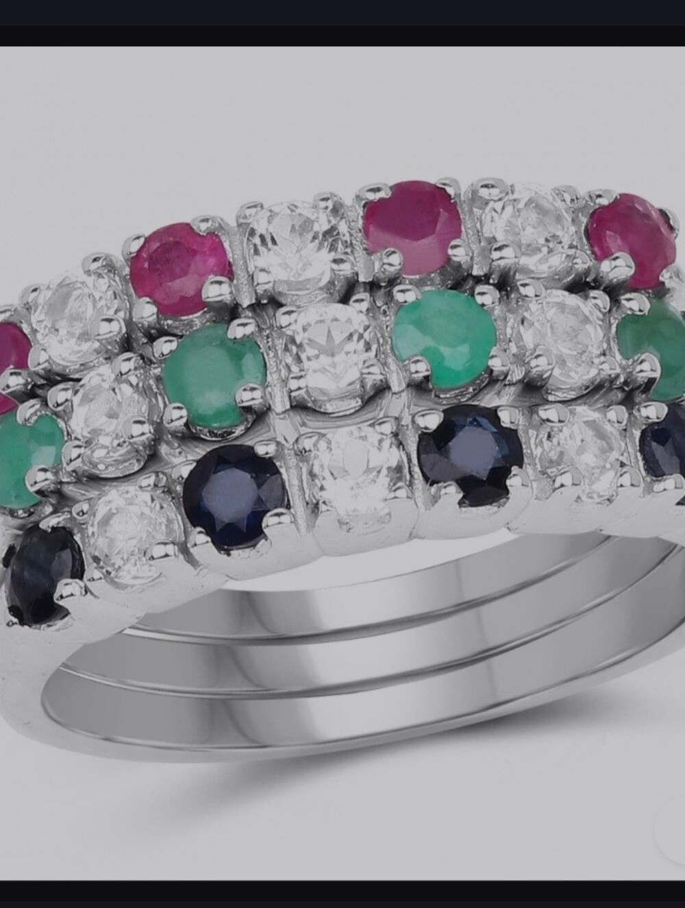 Rhodium Sterling Silver Ruby Emerald Sapphire Topaz Ring 1.56 CTW Sz 6